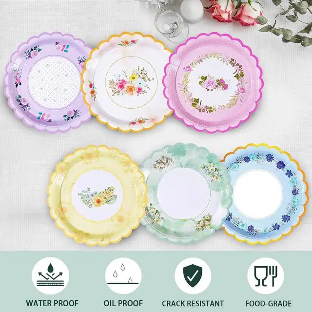 Alt view image 4 of 7 - 48 PCS Floral Disposable Paper Plates, 7 Inch Scalloped Tea Party Plates