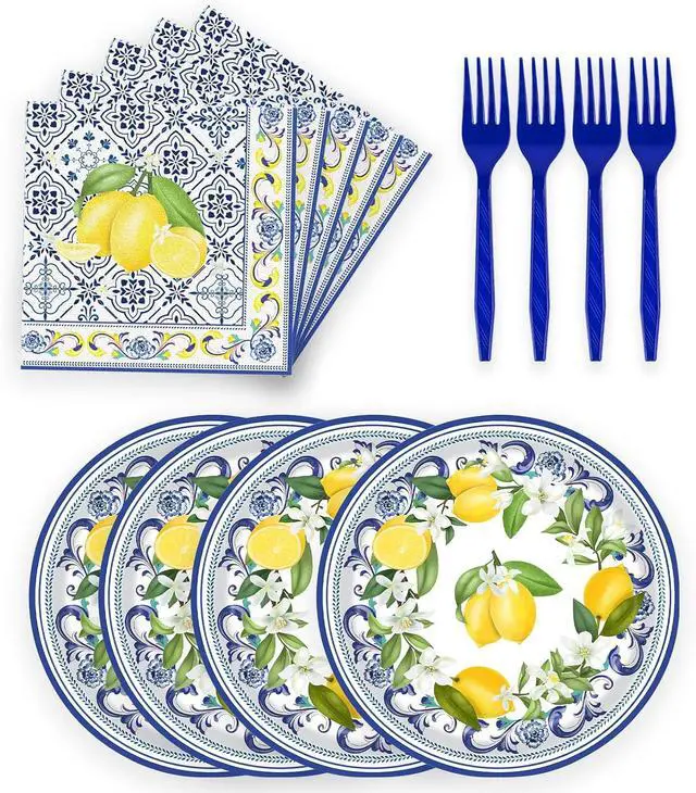 Main image of 72 Pcs Lemon Paper Plates and Napkins Party Supplies , Blue Tiles Yellow Lemon Party Decorations Disposable Party Plates and Napkins Tableware Set for Birthday Wedding Baby Showe Serves 24 (Lemon)