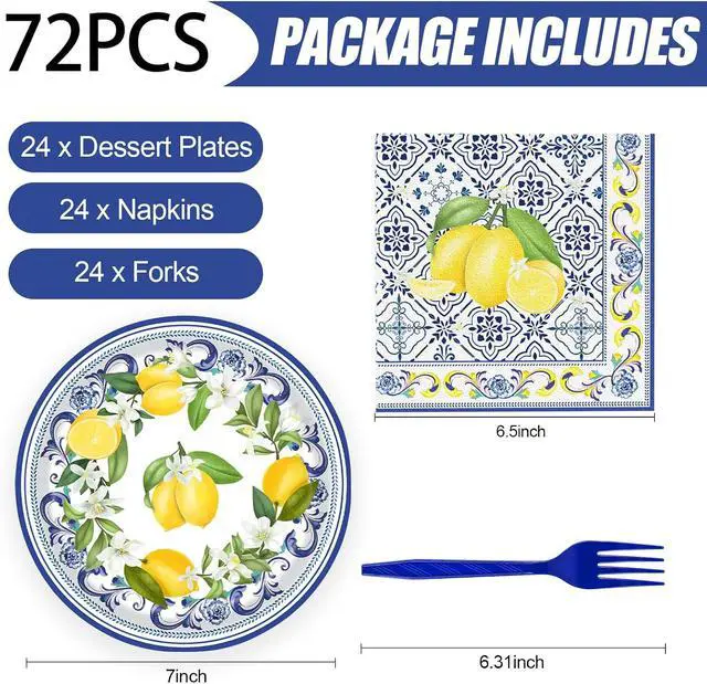 Alt view image 2 of 7 - 72 Pcs Lemon Paper Plates and Napkins Party Supplies , Blue Tiles Yellow Lemon Party Decorations Disposable Party Plates and Napkins Tableware Set for Birthday Wedding Baby Showe Serves 24 (Lemon)