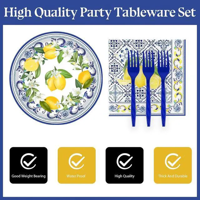 Alt view image 3 of 7 - 72 Pcs Lemon Paper Plates and Napkins Party Supplies , Blue Tiles Yellow Lemon Party Decorations Disposable Party Plates and Napkins Tableware Set for Birthday Wedding Baby Showe Serves 24 (Lemon)