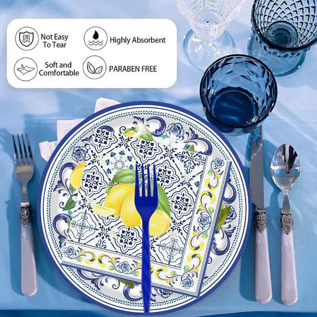 Alt view image 4 of 7 - 72 Pcs Lemon Paper Plates and Napkins Party Supplies , Blue Tiles Yellow Lemon Party Decorations Disposable Party Plates and Napkins Tableware Set for Birthday Wedding Baby Showe Serves 24 (Lemon)