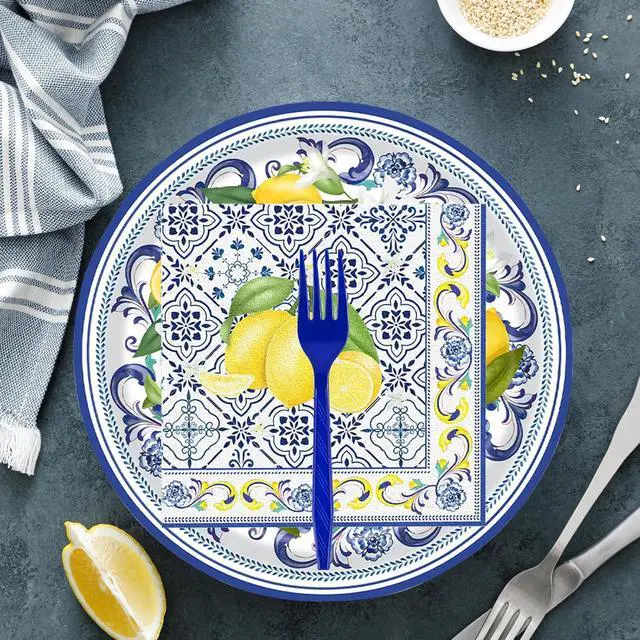 Alt view image 5 of 7 - 72 Pcs Lemon Paper Plates and Napkins Party Supplies , Blue Tiles Yellow Lemon Party Decorations Disposable Party Plates and Napkins Tableware Set for Birthday Wedding Baby Showe Serves 24 (Lemon)