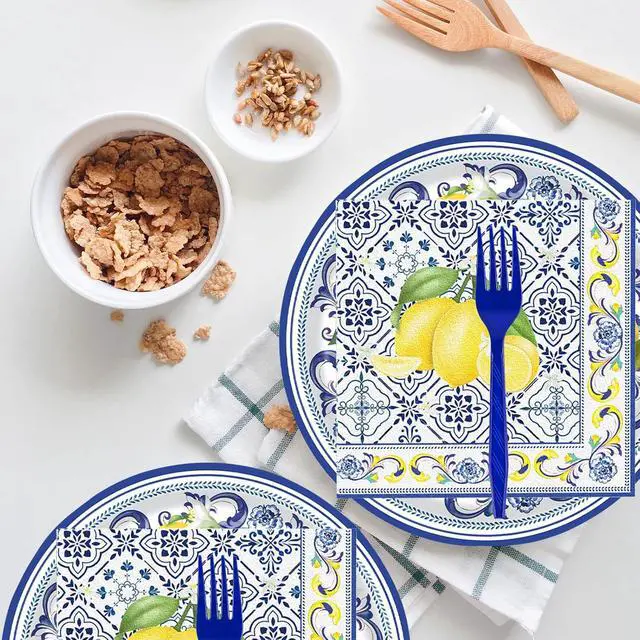 Alt view image 6 of 7 - 72 Pcs Lemon Paper Plates and Napkins Party Supplies , Blue Tiles Yellow Lemon Party Decorations Disposable Party Plates and Napkins Tableware Set for Birthday Wedding Baby Showe Serves 24 (Lemon)