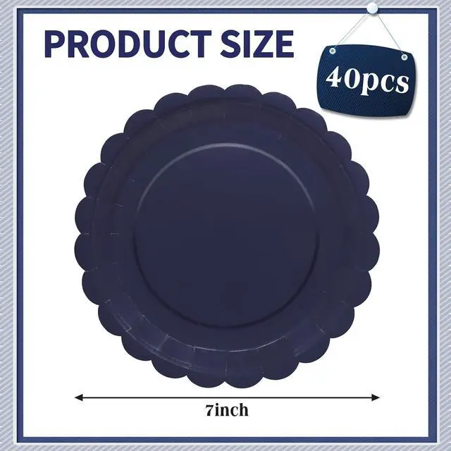 Alt view image 2 of 7 - 40Pcs Navy Blue Paper Plates 7 Inch Disposable Scalloped Dessert Platter for 4th of July Independence Day
