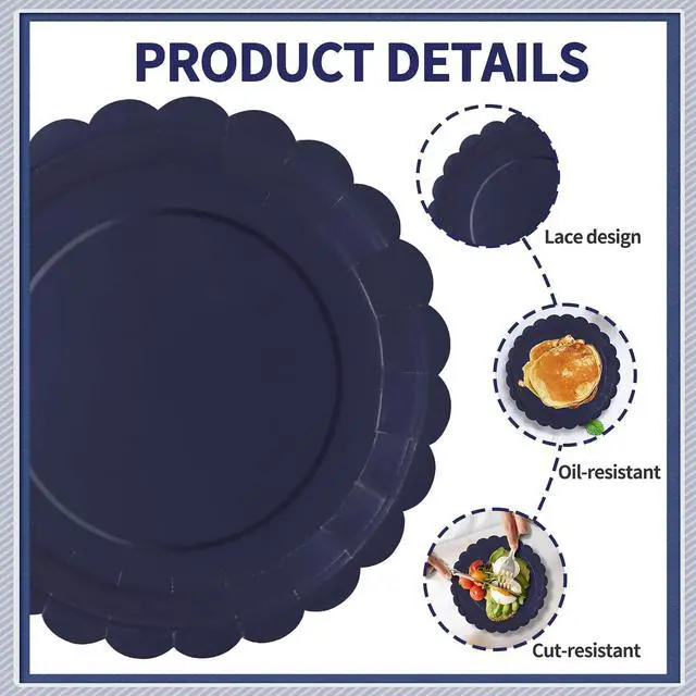 Alt view image 3 of 7 - 40Pcs Navy Blue Paper Plates 7 Inch Disposable Scalloped Dessert Platter for 4th of July Independence Day