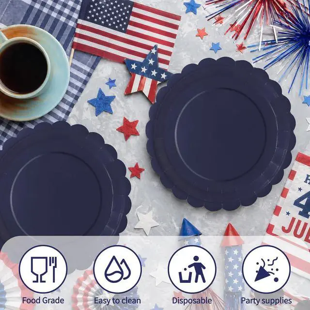 Alt view image 4 of 7 - 40Pcs Navy Blue Paper Plates 7 Inch Disposable Scalloped Dessert Platter for 4th of July Independence Day