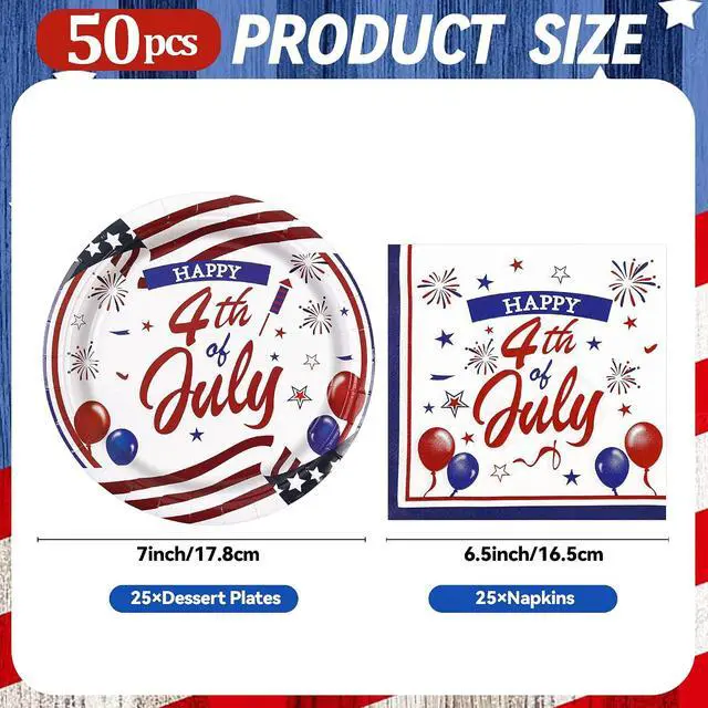 Alt view image 2 of 7 - 50PCS 4th of July Paper Plates and Napkins - American Flag Dessert Plates and Napkins Disposable Patriotic Theme Tableware Set for Independence Day Memorial Day Party Supplies Decorations