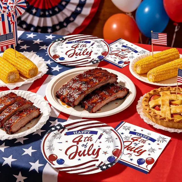 Alt view image 5 of 7 - 50PCS 4th of July Paper Plates and Napkins - American Flag Dessert Plates and Napkins Disposable Patriotic Theme Tableware Set for Independence Day Memorial Day Party Supplies Decorations