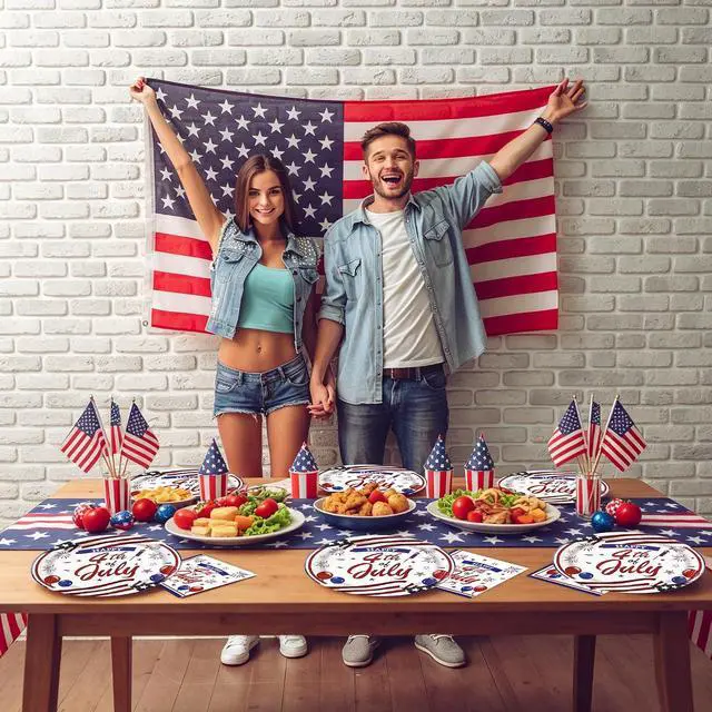Alt view image 7 of 7 - 50PCS 4th of July Paper Plates and Napkins - American Flag Dessert Plates and Napkins Disposable Patriotic Theme Tableware Set for Independence Day Memorial Day Party Supplies Decorations