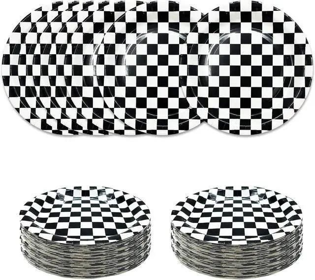 Main image of SietDESEO 50 PCS Race Car Dessert Plates - 7 Inch Black and White Checkered Paper Plates for Racing Theme Party, Birthday, Baby Shower Decoration