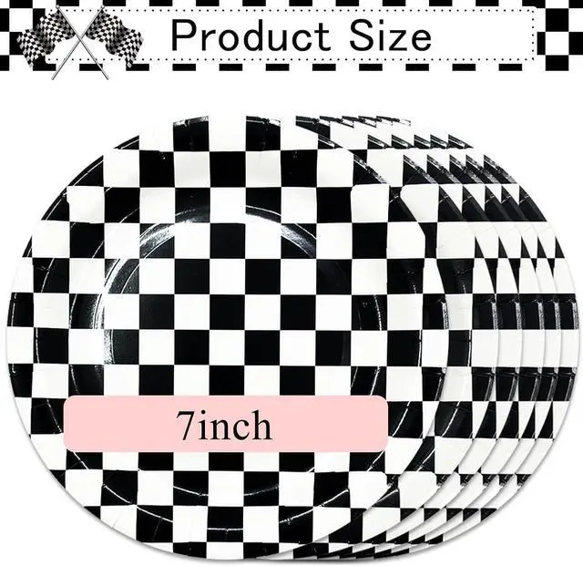 Alt view image 2 of 6 - SietDESEO 50 PCS Race Car Dessert Plates - 7 Inch Black and White Checkered Paper Plates for Racing Theme Party, Birthday, Baby Shower Decoration