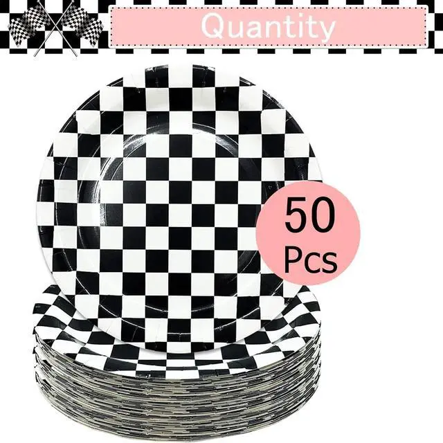Alt view image 3 of 6 - SietDESEO 50 PCS Race Car Dessert Plates - 7 Inch Black and White Checkered Paper Plates for Racing Theme Party, Birthday, Baby Shower Decoration