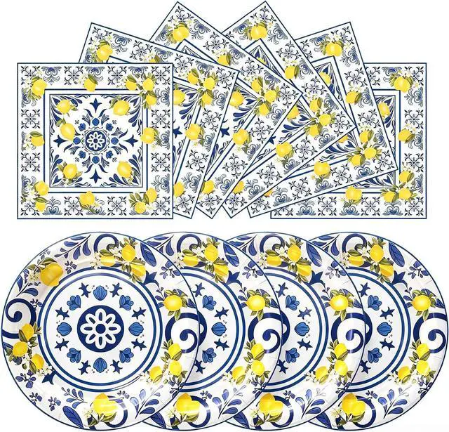 Main image of 50 Pcs Lemon Plates and Napkins Set, 7 Inch Blue Tiles Yellow Lemon Paper Plates Napkins Disposable Tableware Supplies for Summer Picnic Baby Shower Lemon Birthday Party Decorations