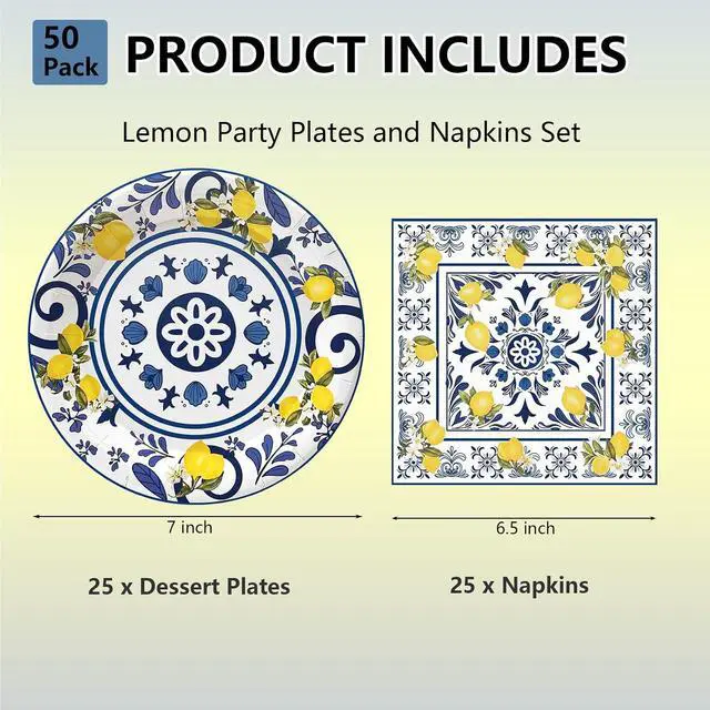 Alt view image 2 of 7 - 50 Pcs Lemon Plates and Napkins Set, 7 Inch Blue Tiles Yellow Lemon Paper Plates Napkins Disposable Tableware Supplies for Summer Picnic Baby Shower Lemon Birthday Party Decorations