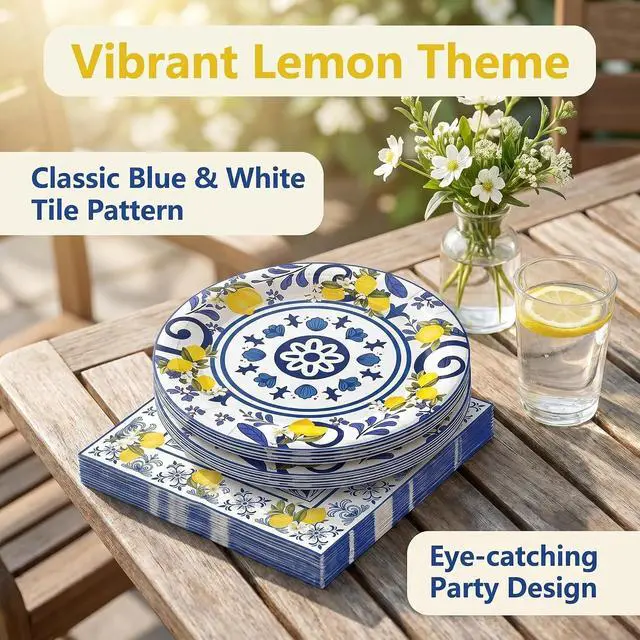 Alt view image 3 of 7 - 50 Pcs Lemon Plates and Napkins Set, 7 Inch Blue Tiles Yellow Lemon Paper Plates Napkins Disposable Tableware Supplies for Summer Picnic Baby Shower Lemon Birthday Party Decorations