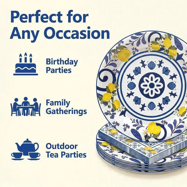 Alt view image 4 of 7 - 50 Pcs Lemon Plates and Napkins Set, 7 Inch Blue Tiles Yellow Lemon Paper Plates Napkins Disposable Tableware Supplies for Summer Picnic Baby Shower Lemon Birthday Party Decorations