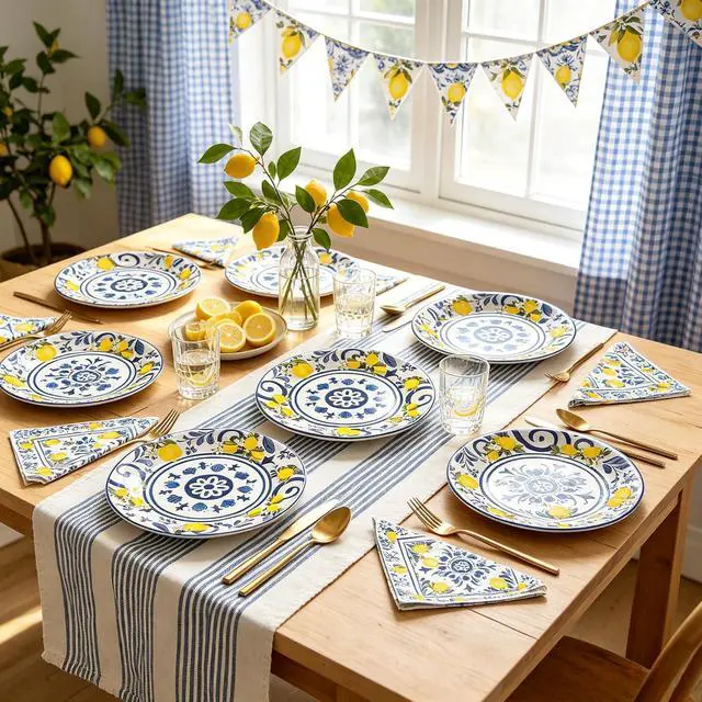 Alt view image 5 of 7 - 50 Pcs Lemon Plates and Napkins Set, 7 Inch Blue Tiles Yellow Lemon Paper Plates Napkins Disposable Tableware Supplies for Summer Picnic Baby Shower Lemon Birthday Party Decorations