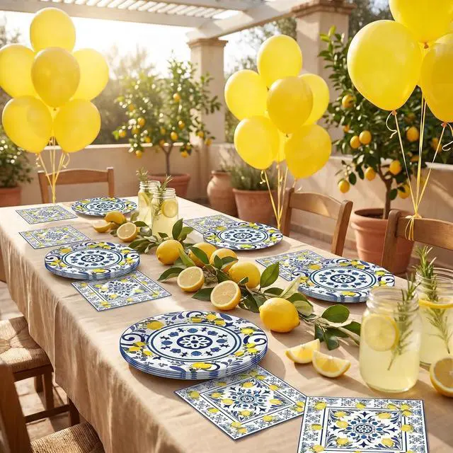 Alt view image 6 of 7 - 50 Pcs Lemon Plates and Napkins Set, 7 Inch Blue Tiles Yellow Lemon Paper Plates Napkins Disposable Tableware Supplies for Summer Picnic Baby Shower Lemon Birthday Party Decorations