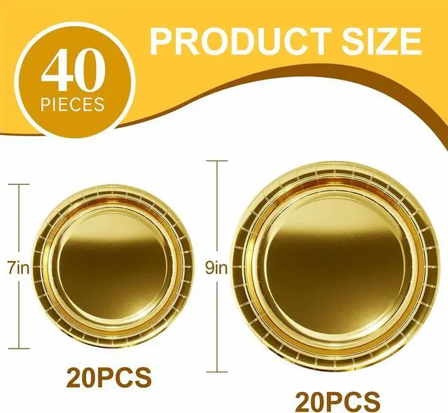 Alt view image 2 of 7 - 40Pcs Disposable Paper Plates Gold,Including 20pcs 9" and 20pcs 7" Plates,Strong and Sturdy Disposable Plates for Party, Dinner, Holiday, Picnic,Birthday Party, Dinner Table, Wedding