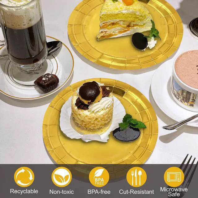 Alt view image 5 of 7 - 40Pcs Disposable Paper Plates Gold,Including 20pcs 9" and 20pcs 7" Plates,Strong and Sturdy Disposable Plates for Party, Dinner, Holiday, Picnic,Birthday Party, Dinner Table, Wedding