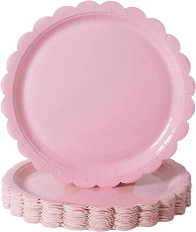 Main image of BEFORYOU 50PCS Disposable Paper Plates, Scalloped Pink Party Plates, 7IN
