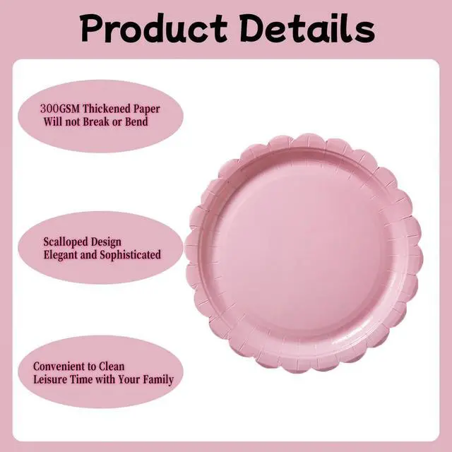 Alt view image 4 of 7 - BEFORYOU 50PCS Disposable Paper Plates, Scalloped Pink Party Plates, 7IN