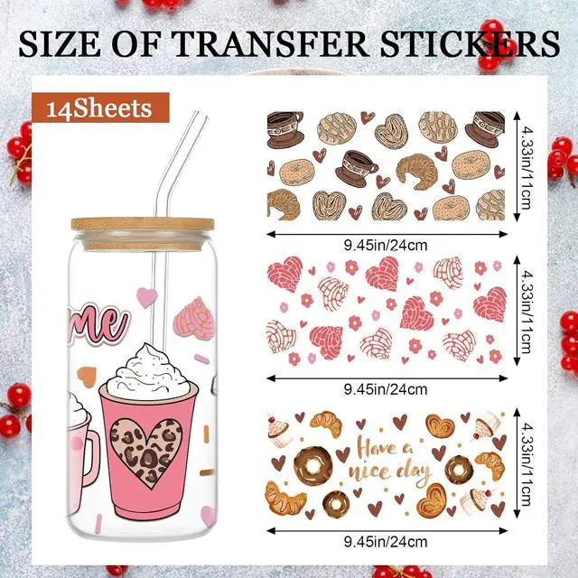 Alt view image 2 of 6 - Coffee UV DTF Cup Wrap - 12 Cafecito Y Chisme UV DTF Cup Wraps Transfer Stickers for 16 oz Glass, Waterproof Puerquito Coffee Pink Love Decals with UV DTF Cup Wrap for Lid Top or Bottom