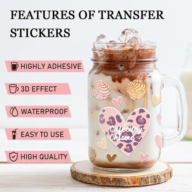 Alt view image 4 of 6 - Coffee UV DTF Cup Wrap - 12 Cafecito Y Chisme UV DTF Cup Wraps Transfer Stickers for 16 oz Glass, Waterproof Puerquito Coffee Pink Love Decals with UV DTF Cup Wrap for Lid Top or Bottom