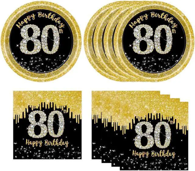 Main image of 50 Pcs 80th Birthday Plates and Napkins Party Supplies, Back Gold 80th Birthday Party Plates and Napkins Tableware Set for Men Women Cheers to 80 Years Anniversary Decorations (80th)