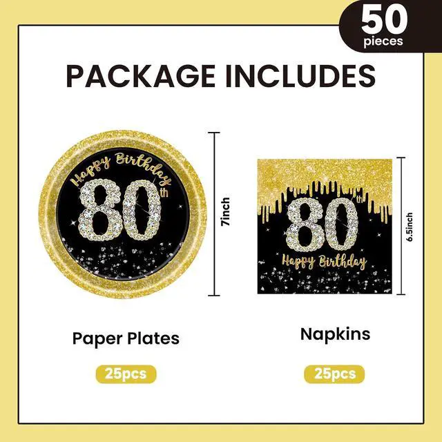 Alt view image 2 of 7 - 50 Pcs 80th Birthday Plates and Napkins Party Supplies, Back Gold 80th Birthday Party Plates and Napkins Tableware Set for Men Women Cheers to 80 Years Anniversary Decorations (80th)