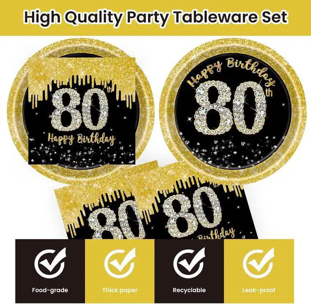 Alt view image 3 of 7 - 50 Pcs 80th Birthday Plates and Napkins Party Supplies, Back Gold 80th Birthday Party Plates and Napkins Tableware Set for Men Women Cheers to 80 Years Anniversary Decorations (80th)