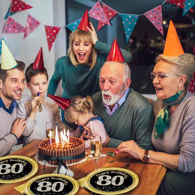 Alt view image 4 of 7 - 50 Pcs 80th Birthday Plates and Napkins Party Supplies, Back Gold 80th Birthday Party Plates and Napkins Tableware Set for Men Women Cheers to 80 Years Anniversary Decorations (80th)