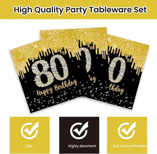 Alt view image 5 of 7 - 50 Pcs 80th Birthday Plates and Napkins Party Supplies, Back Gold 80th Birthday Party Plates and Napkins Tableware Set for Men Women Cheers to 80 Years Anniversary Decorations (80th)