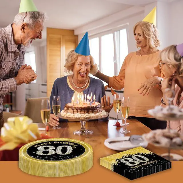 Alt view image 7 of 7 - 50 Pcs 80th Birthday Plates and Napkins Party Supplies, Back Gold 80th Birthday Party Plates and Napkins Tableware Set for Men Women Cheers to 80 Years Anniversary Decorations (80th)
