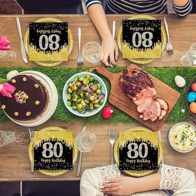 Alt view image 6 of 7 - 50 Pcs 80th Birthday Plates and Napkins Party Supplies, Back Gold 80th Birthday Party Plates and Napkins Tableware Set for Men Women Cheers to 80 Years Anniversary Decorations (80th)
