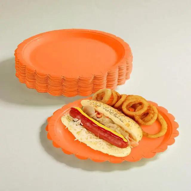 Alt view image 4 of 7 - BEFORYOU 50PCS Disposable Paper Plates, Scalloped Orange Party Plates, 7IN