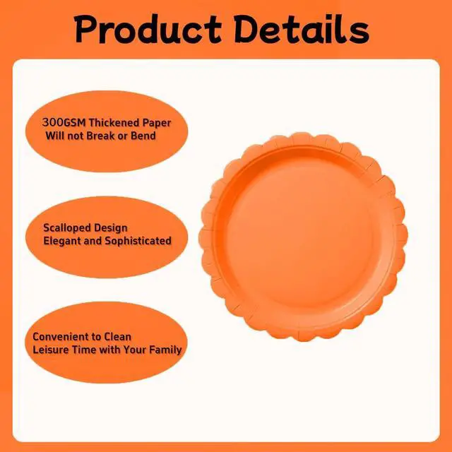 Alt view image 6 of 7 - BEFORYOU 50PCS Disposable Paper Plates, Scalloped Orange Party Plates, 7IN