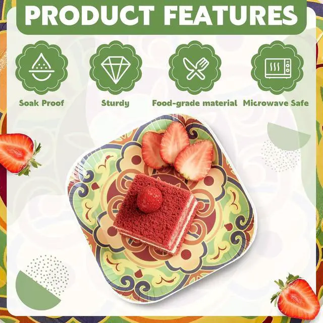 Alt view image 4 of 7 - 30 Pack Small Paper Plates 5 Inch, Retro Mini Square Paper Plates, Vintage Floral Microwave Safe Heavy Duty Small Disposable Plates for Dessert Snacks Cake Appetizer Party Supplies (Style 5)