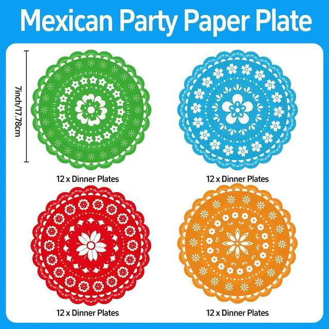 Alt view image 2 of 7 - 48 PCS Mexican Fiesta Paper Plates 7 Inch, Disposable Cinco De Mayo Party Plates Mexico Papel Picado Dinner Cake Dessert Plate for Carnival Pinata Taco Dance Birthday Decorations (Fiesta)