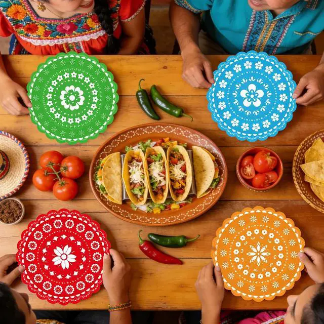 Alt view image 6 of 7 - 48 PCS Mexican Fiesta Paper Plates 7 Inch, Disposable Cinco De Mayo Party Plates Mexico Papel Picado Dinner Cake Dessert Plate for Carnival Pinata Taco Dance Birthday Decorations (Fiesta)