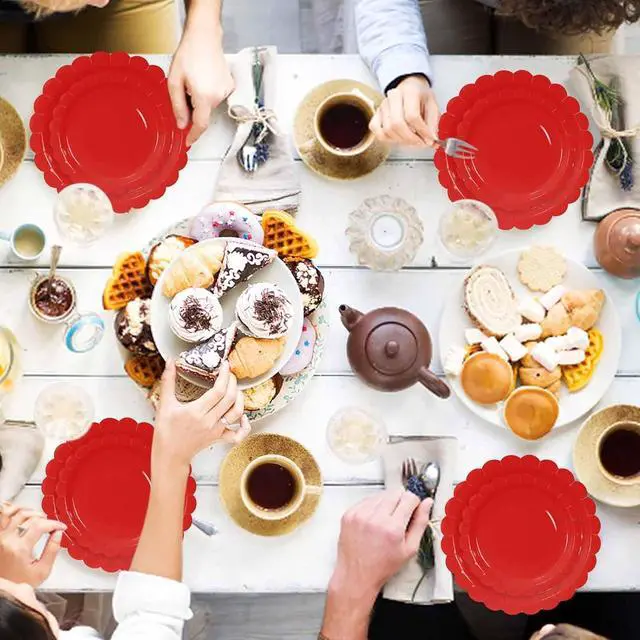 Alt view image 2 of 7 - 50 Pcs Red Scalloped Paper Plates 25 × 7'' and 25 × 9'' Disposable Red Scalloped Dinner Plates for Wedding Baby Shower Birthday Party Disposable Dessert Plate