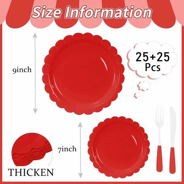 Alt view image 3 of 7 - 50 Pcs Red Scalloped Paper Plates 25 × 7'' and 25 × 9'' Disposable Red Scalloped Dinner Plates for Wedding Baby Shower Birthday Party Disposable Dessert Plate