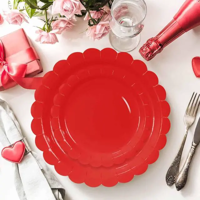 Alt view image 4 of 7 - 50 Pcs Red Scalloped Paper Plates 25 × 7'' and 25 × 9'' Disposable Red Scalloped Dinner Plates for Wedding Baby Shower Birthday Party Disposable Dessert Plate