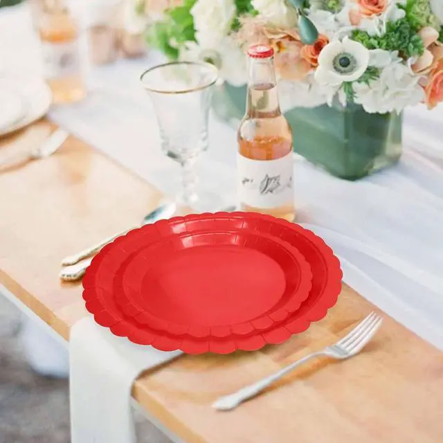 Alt view image 5 of 7 - 50 Pcs Red Scalloped Paper Plates 25 × 7'' and 25 × 9'' Disposable Red Scalloped Dinner Plates for Wedding Baby Shower Birthday Party Disposable Dessert Plate