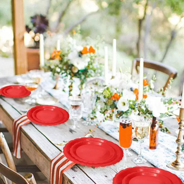 Alt view image 6 of 7 - 50 Pcs Red Scalloped Paper Plates 25 × 7'' and 25 × 9'' Disposable Red Scalloped Dinner Plates for Wedding Baby Shower Birthday Party Disposable Dessert Plate