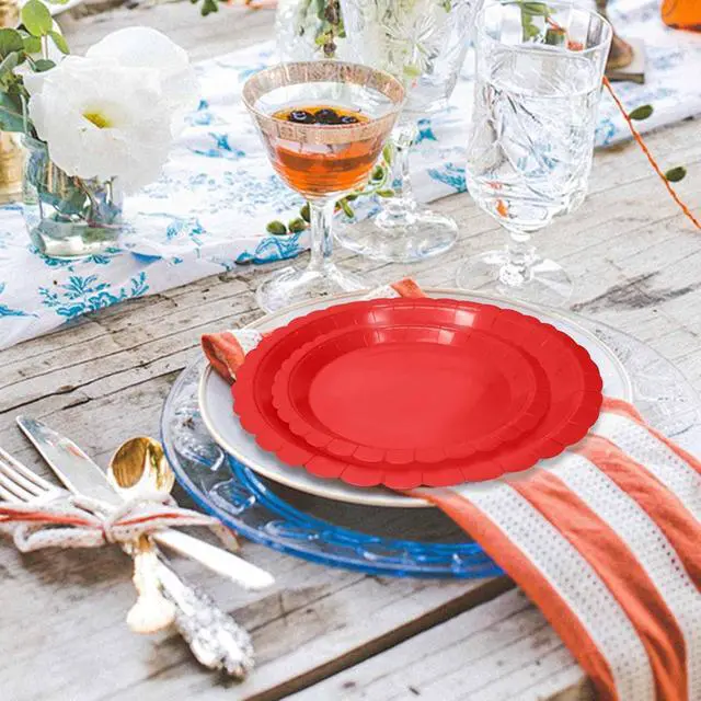 Alt view image 7 of 7 - 50 Pcs Red Scalloped Paper Plates 25 × 7'' and 25 × 9'' Disposable Red Scalloped Dinner Plates for Wedding Baby Shower Birthday Party Disposable Dessert Plate