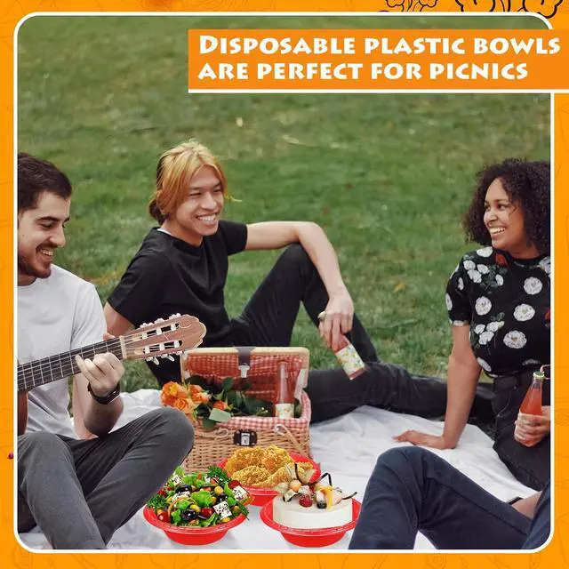 Alt view image 6 of 7 - 24 Pack 16oz Red Disposable Plastic Bowls Dessert, Ice Cream, Salad, Soup Serving Cups for Party, Picnic, Food Snacks (Red)