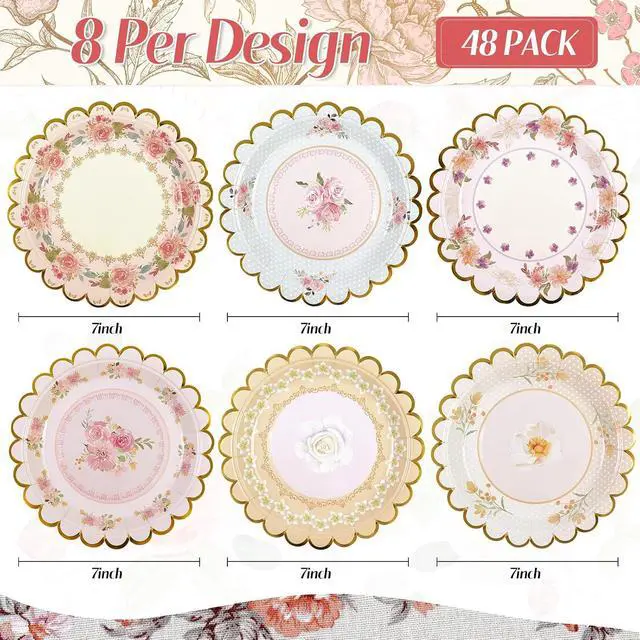 Alt view image 2 of 7 - 48 PCS Vintage Floral Paper Plates 7 inch, Scalloped Flower Tea Party Plates Disposable Cake Dessert Plate for Birthday Bridal Shower Baby Shower Wedding Party Decorations (Floral)