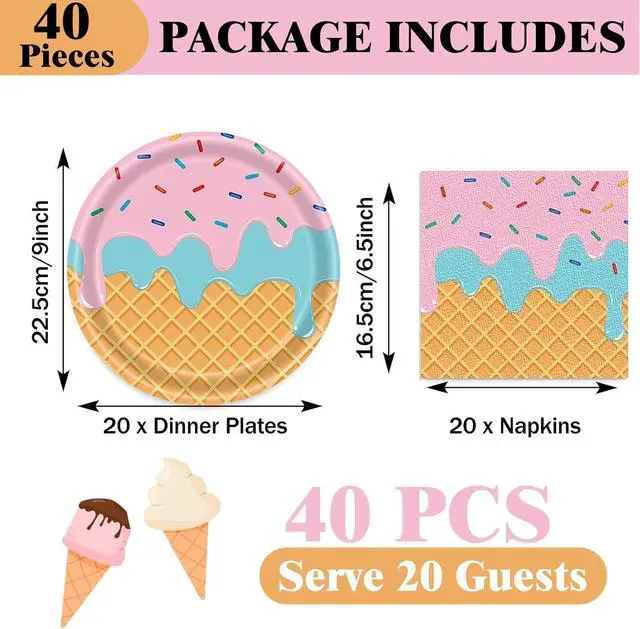 Alt view image 2 of 7 - 40 Pcs Ice Cream Plates and Napkins Party Supplies,Disposable Ice Cream Paper Plates and Napkins Tableware Set for Birthday Baby Shower Sweet Summer Ice Party Serve 20 Guests