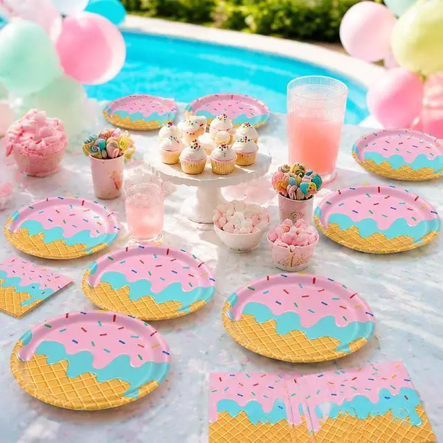 Alt view image 5 of 7 - 40 Pcs Ice Cream Plates and Napkins Party Supplies,Disposable Ice Cream Paper Plates and Napkins Tableware Set for Birthday Baby Shower Sweet Summer Ice Party Serve 20 Guests